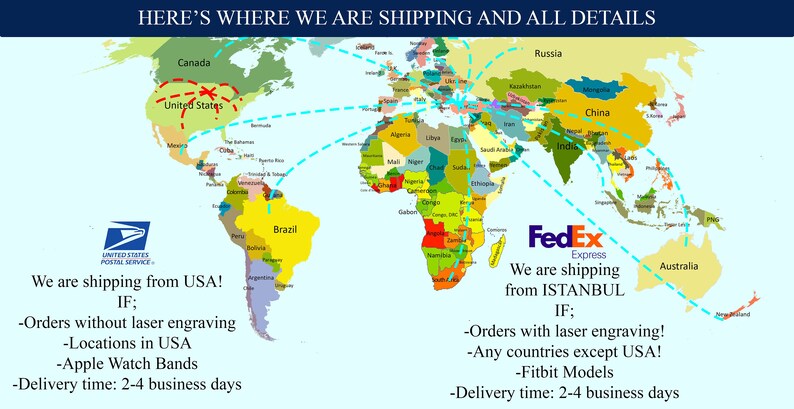 May include: A world map with shipping routes marked in blue and red. The map shows shipping from the USA and Istanbul. The text says "We are shipping from USA!" and "We are shipping from ISTANBUL!"