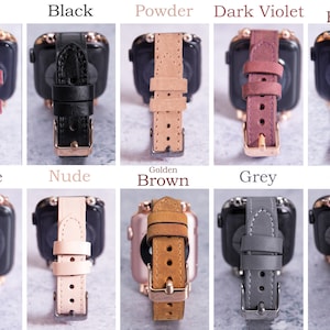 May include: Ten different colored leather watch bands for Apple Watch. The bands are shown on a white background. The colors are: Rose, Black, Powder, Dark Violet, Burnished Brown, Purple, Nude, Golden Brown, Grey, and Beige.