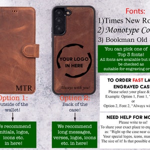 May include: A brown leather phone case with a flap that can be used as a wallet. The case has the option to be engraved with a logo, initials, or text. The text "MTR" is engraved on the flap. The case has two options for engraving: outside of the wallet or on the back of the case. The case is shown with the text "Your Logo In Here" and "Always with you!" engraved on it. The image also shows three font options for engraving: Times New Roman, Monotype Corsiva, and Bookman Old Style.