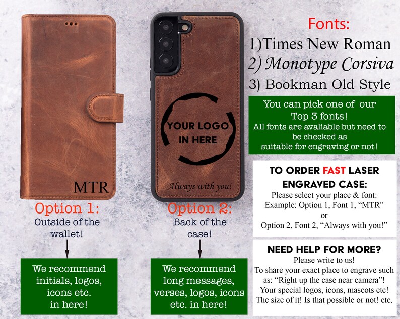 May include: A brown leather phone case with a flap that can be used as a wallet. The case has the option to be engraved with a logo, initials, or text. The text "MTR" is engraved on the flap. The case has two options for engraving: outside of the wallet or on the back of the case. The case is shown with the text "Your Logo In Here" and "Always with you!" engraved on it. The image also shows three font options for engraving: Times New Roman, Monotype Corsiva, and Bookman Old Style.