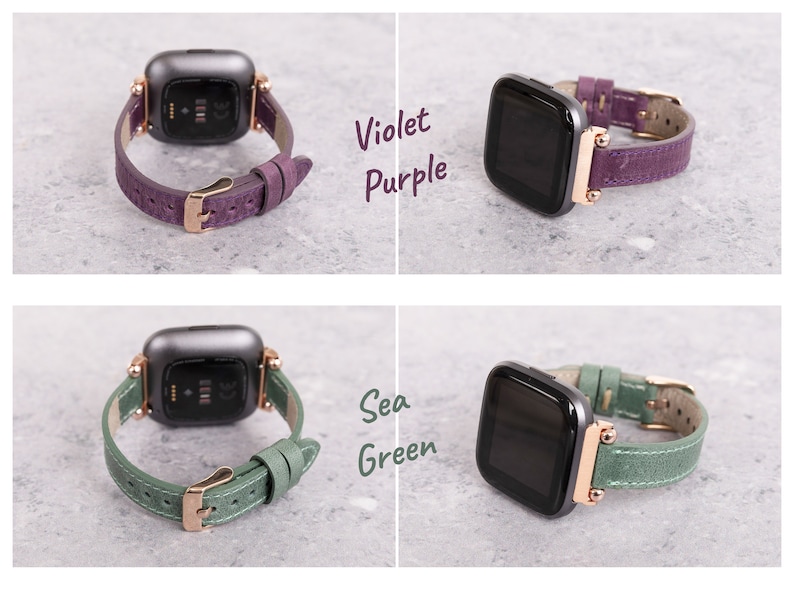 Op de afbeelding: Twee leren horlogebandjes voor een smartwatch. Het bandje links is violet en het bandje rechts is zeegroen.