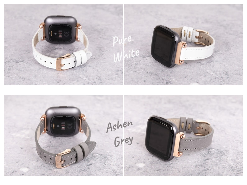 Op de afbeelding: Twee horlogebandjes voor een smartwatch. Het bandje links is van lichtgrijs leer met ros&eacute;gouden hardware. Het bandje rechts is van wit leer met ros&eacute;gouden hardware. De tekst "Ashen Grey" staat onder het linker bandje en de tekst "Pure White" staat onder het rechter bandje.