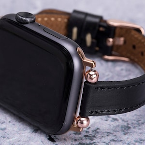 Black Leather Apple Watch Band 38mm 40mm 41mm 42mm 44mm 45mm 49mm Women, Engraved Beaded iWatch Strap Series 9 8 7 6 5 4 3 & Apple Watch SE