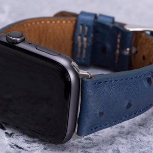 Men Leather Apple Watch Band 42mm 44mm 45mm, Night Blue Ostrich Pattern Engraved 38mm 40mm 41mm iWatch Strap Series 9 8 7 6 5 4 SE, Men Gift