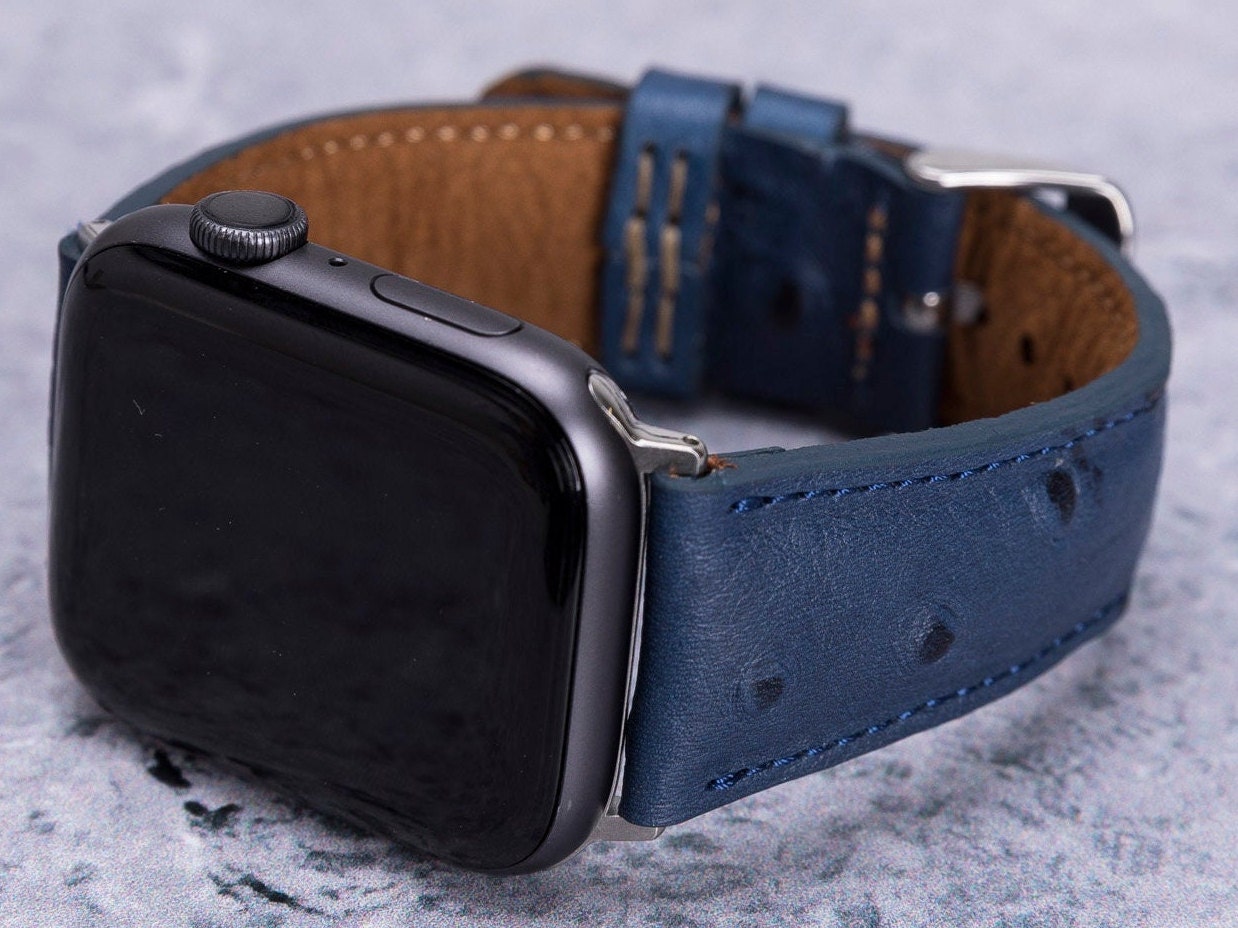 Men Leather Apple Watch Band 42mm 44mm 45mm, Night Blue Ostrich Pattern Engraved 38mm 40mm 41mm iWatch Strap Series 9 8 7 6 5 4 SE, Men Gift