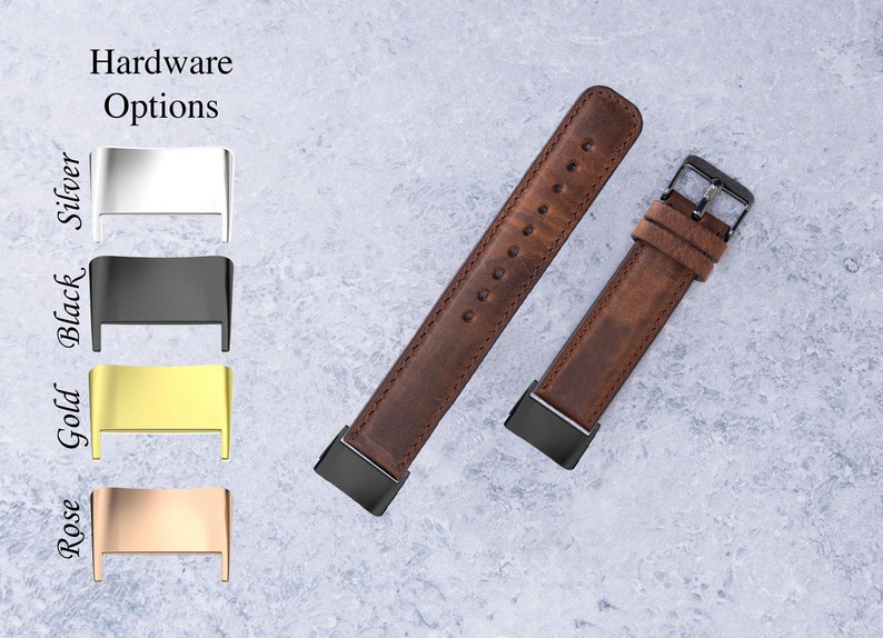 May include: Two brown leather watch straps with black metal hardware. The straps are shown with different hardware options: silver, black, gold, and rose gold.