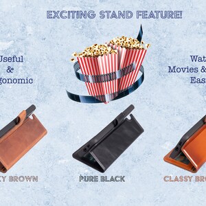 May include: Three leather phone cases in different colours: smoky brown, pure black, and classy brown. Each case has a built-in stand feature, allowing you to watch movies and videos easily. The stand is designed to be ergonomic and useful.