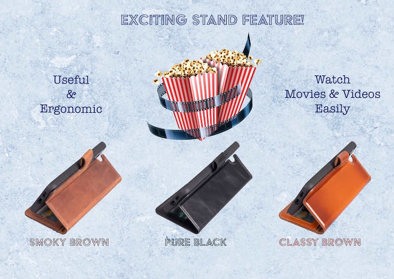 May include: Three leather phone cases in different colours: smoky brown, pure black, and classy brown. Each case has a built-in stand feature, allowing you to watch movies and videos easily. The stand is designed to be ergonomic and useful.