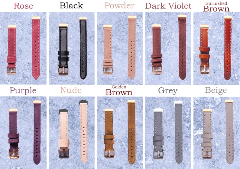 May include: A collection of watch straps in various colors, including Rose, Black, Powder, Dark Violet, Burnished Brown, Purple, Nude, Golden Brown, Grey, and Beige. Each strap has a gold-colored buckle and is displayed against a light blue background.