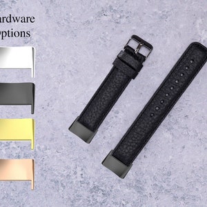 May include: Two black leather watch straps with silver hardware. The straps are shown next to a selection of hardware options: silver, black, gold, and rose gold.