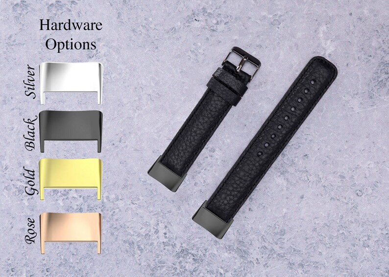 May include: Two black leather watch straps with silver hardware. The straps are shown next to a selection of hardware options: silver, black, gold, and rose gold.