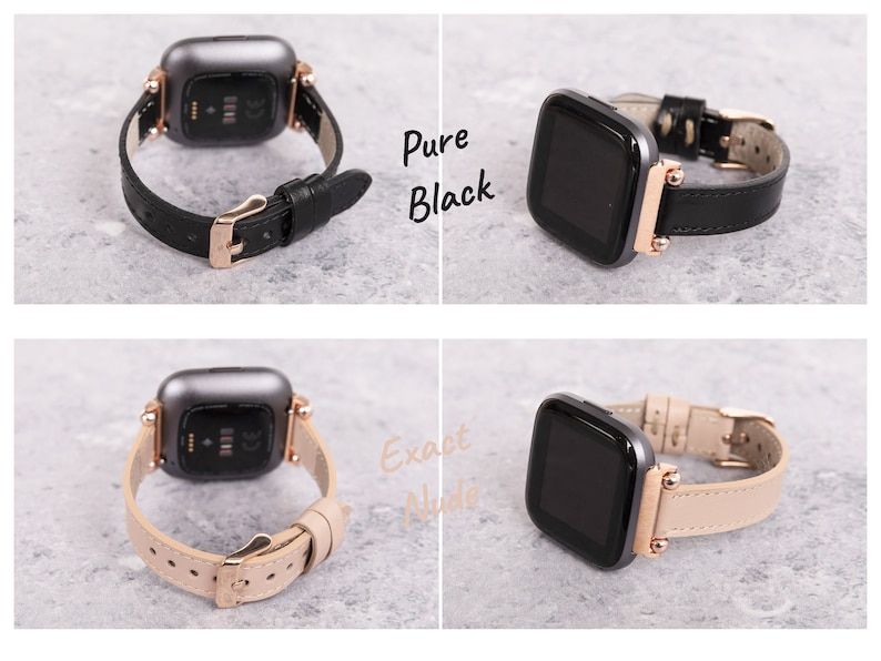 Op de afbeelding: Twee Fitbit Versa 3 smartwatches met verschillende leren bandjes. De smartwatch links heeft een beige bandje en de smartwatch rechts heeft een zwart bandje. De tekst "Pure Black" is zichtbaar boven de smartwatch rechts en de tekst "Exact Nude" is zichtbaar boven de smartwatch links.