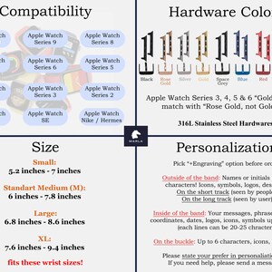 以下が含まれることがあります： Apple Watch のバンドの互換性を、Ultra、Series 9、Series 8、Series 7、Series 6、Series 5、Series 4、Series 3、Series 2、Series 1、SE などのさまざまな Apple Watch シリーズ別に示したチャートです。このチャートには、バンドで使用できるさまざまなハードウェアの色も示されており、ブラック、ローズゴールド、シルバー、ゴールド、スペースグレー、ブルー、レッド、スターライト、ミッドナイトなどがあります。また、バンドのサイズに関する情報も含まれており、スモール、スタンダードミディアム、ラージ、XL のオプションがあります。さらに、バンドへの刻印、バンド内、バックルへの刻印など、パーソナライズオプションに関する情報も含まれています。