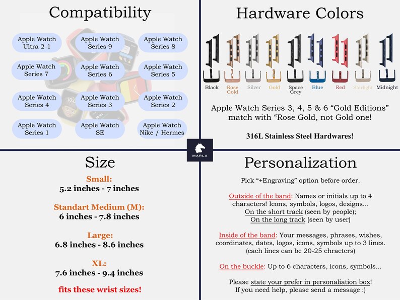 以下が含まれることがあります： Apple Watch のバンドの互換性を、Ultra、Series 9、Series 8、Series 7、Series 6、Series 5、Series 4、Series 3、Series 2、Series 1、SE などのさまざまな Apple Watch シリーズ別に示したチャートです。このチャートには、バンドで使用できるさまざまなハードウェアの色も示されており、ブラック、ローズゴールド、シルバー、ゴールド、スペースグレー、ブルー、レッド、スターライト、ミッドナイトなどがあります。また、バンドのサイズに関する情報も含まれており、スモール、スタンダードミディアム、ラージ、XL のオプションがあります。さらに、バンドへの刻印、バンド内、バックルへの刻印など、パーソナライズオプションに関する情報も含まれています。