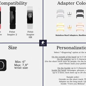 May include: Image showing compatibility with Fitbit Inspire, Inspire 2, and Inspire HR. Includes adapter colors in silver, black, gold, and rose gold. Wrist size compatibility is 6" to 7.8". Personalization options are also shown.