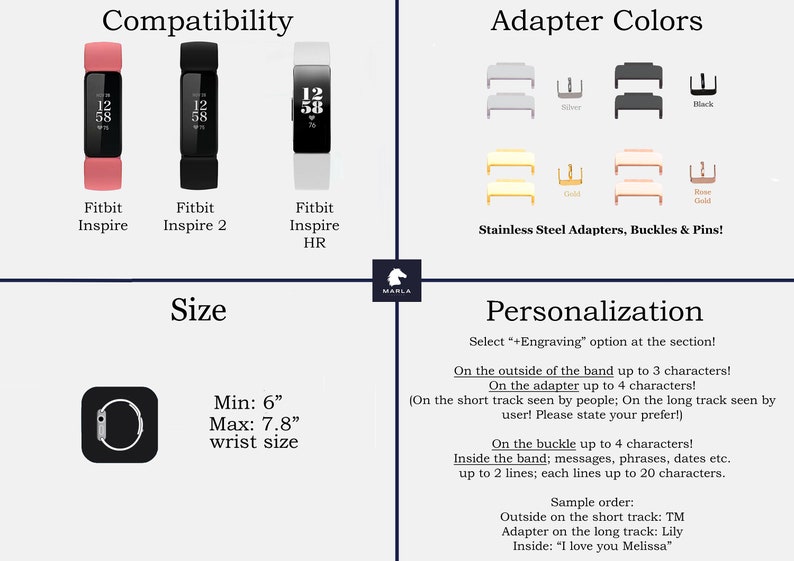 May include: Image showing compatibility with Fitbit Inspire, Inspire 2, and Inspire HR. Includes adapter colors in silver, black, gold, and rose gold. Wrist size compatibility is 6" to 7.8". Personalization options are also shown.