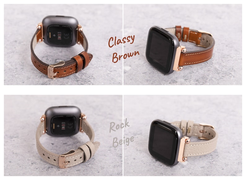 Op de afbeelding: Twee leren horlogebandjes voor een smartwatch. Het bandje links is lichtbeige en het bandje rechts is bruin. De tekst "Rock Beige" staat links op de afbeelding en de tekst "Classy Brown" staat rechts op de afbeelding.
