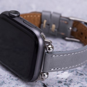 Ashen Grey Apple Watch Band 38mm 40mm 41mm 42mm 44mm 45mm Women, Thin Leather Beaded iWatch Strap Series 9 8 7 6 5 4 SE, Cute Watch Band Her