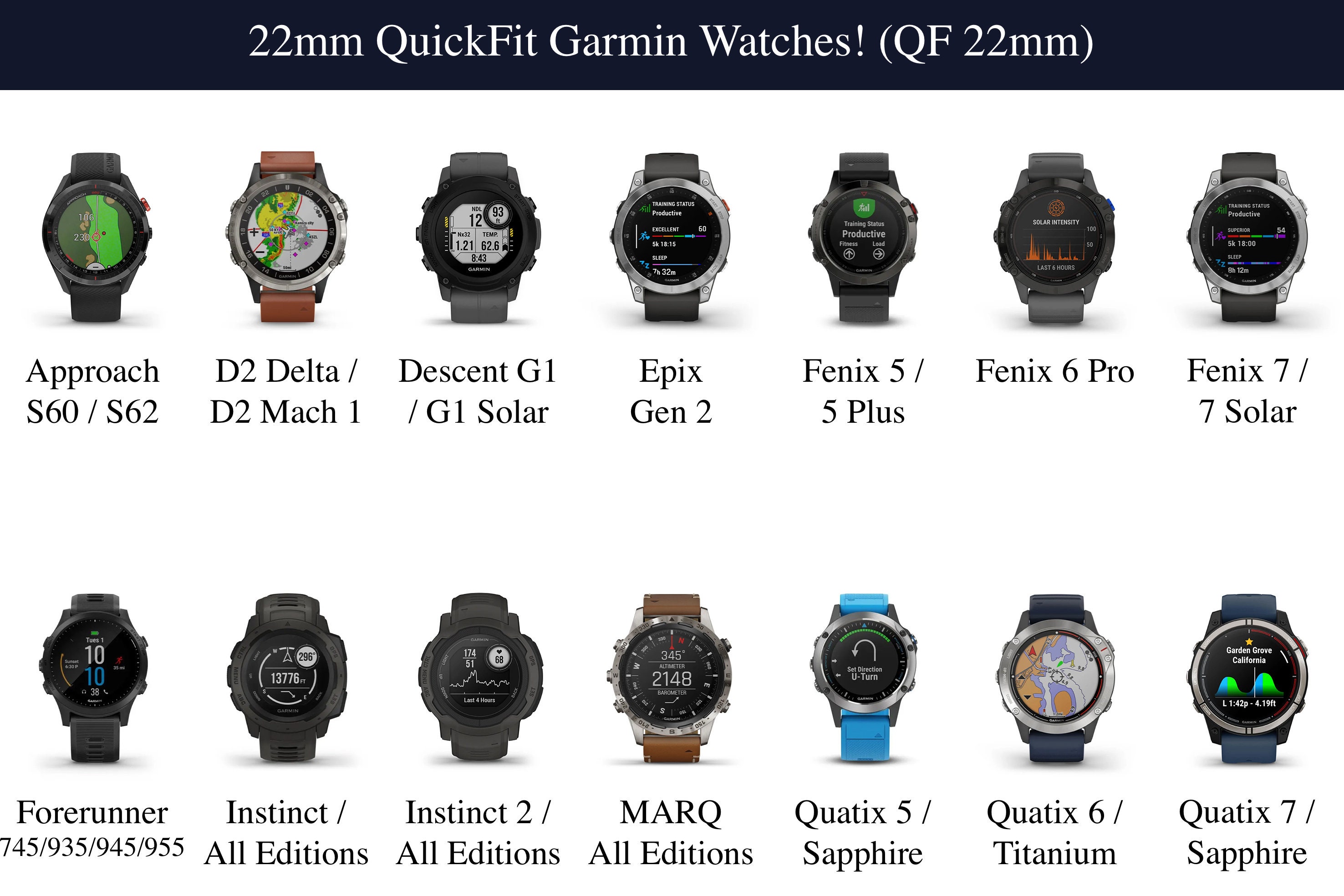 Leather Garmin Watch Bands, Garmin Fenix 7 6 5 Quatix 7 6 5 Instinct 2 1  Approach S62 S42 Forerunner 645 245 Venu 3 2 Vivomove 3 Watch Band 