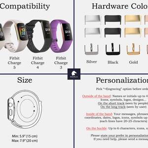 May include: A graphic showing compatibility of Fitbit Charge bands with different Fitbit Charge models, from Charge 3 to Charge 6. The graphic also shows different hardware colors for the bands, including silver, black, gold, and rose gold. The graphic also shows the size of the band, which is 5.9 inches (15 cm) to 7.9 inches (20 cm). The graphic also shows personalization options for the band, including engraving on the outside of the band, inside of the band, and on the buckle.