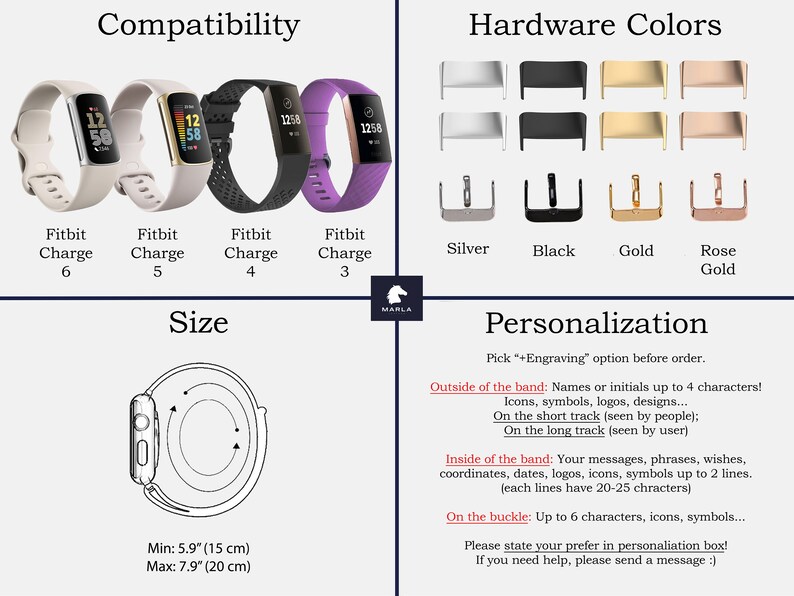 May include: A graphic showing compatibility of Fitbit Charge bands with different Fitbit Charge models, from Charge 3 to Charge 6. The graphic also shows different hardware colors for the bands, including silver, black, gold, and rose gold. The graphic also shows the size of the band, which is 5.9 inches (15 cm) to 7.9 inches (20 cm). The graphic also shows personalization options for the band, including engraving on the outside of the band, inside of the band, and on the buckle.