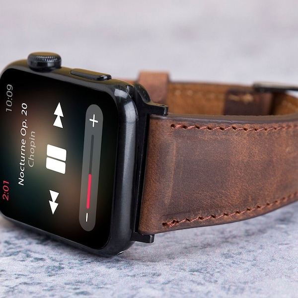 Smoky Brown Leather Apple Watch Band 38mm 40mm 41mm 42mm 44mm 45mm 46mm 49mm, Engraved Men iWatch Strap Series 11 10 9 8 7 6 SE Ultra 3 2 1
