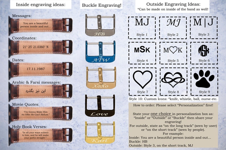 May include: A guide to engraving ideas for watch bands and buckles.  The image shows different styles of engraving, including initials, dates, coordinates, messages, and custom icons.  The text states that engraving can be done on the inside or outside of the band, or on the buckle.