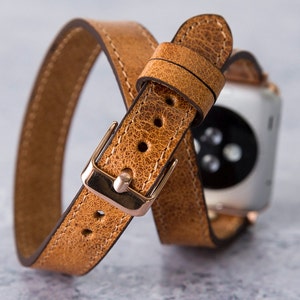 Milky Coffee Brown Double Wrap Leather Apple Watch Band 40mm 41mm 42mm 44mm 45mm 46mm, Slim Engraved Women iWatch Strap Series 10 9 8 7 6 5