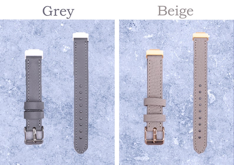May include: Two watch straps, one grey and one beige, are displayed against a light blue background. The grey strap has a silver buckle and white accents. The beige strap has a gold buckle and gold accents. The word "Grey" and "Beige" are above each strap.