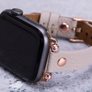 Women Leather Apple Watch Band 38mm 40mm 41mm 42mm 44mm 45mm, Beige Thin Engraved iWatch Strap Series 9 8 7 6 5 SE, Replacement iWatch Band