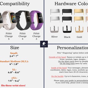 May include: A chart showing compatibility and hardware colours for Fitbit Charge 3, 4, 5, and 6 fitness trackers. The chart also includes size options for the band, ranging from 5.2 inches to 9.4 inches. The chart also includes personalisation options for the band, such as engraving names or initials on the band.