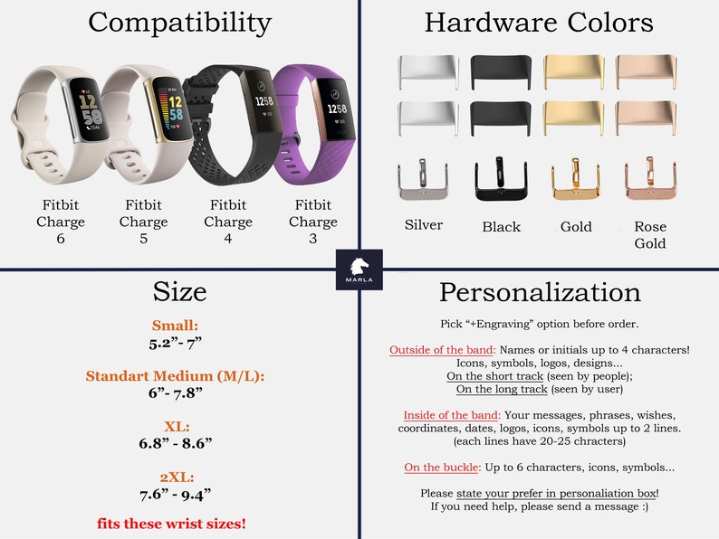 May include: A chart showing compatibility and hardware colours for Fitbit Charge 3, 4, 5, and 6 fitness trackers. The chart also includes size options for the band, ranging from 5.2 inches to 9.4 inches. The chart also includes personalisation options for the band, such as engraving names or initials on the band.