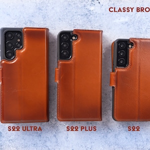 May include: Three leather phone cases in brown, labelled "S22 Ultra", "S22 Plus", and "S22". The text "CLASSY BROWN" is at the top of the image.