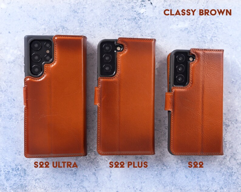 May include: Three leather phone cases in brown, labelled "S22 Ultra", "S22 Plus", and "S22". The text "CLASSY BROWN" is at the top of the image.