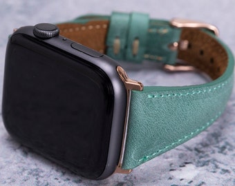 Correa fina de cuero verde mar para Apple Watch de 40 mm, 41 mm, 42 mm, 44 mm, 45 mm y 46 mm para mujer, correa para iWatch grabada Series 10, 9, 8, 7 y 6 Ultra, regalo de aniversario