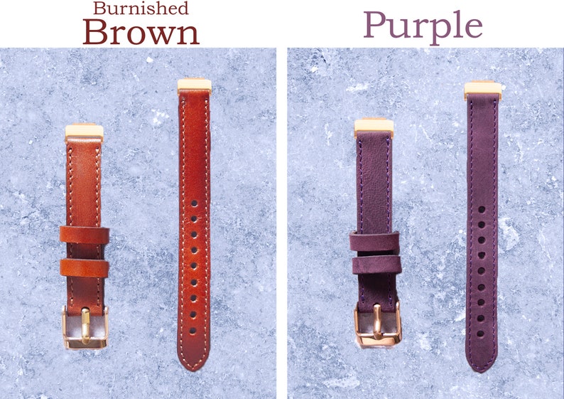 May include: Two watch straps, one burnished brown and one purple, are displayed against a light blue background. The brown strap has a gold buckle and a series of holes. The purple strap also has a gold buckle and a series of holes.