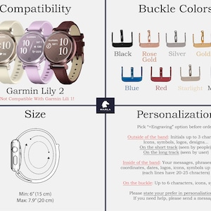 Może przedstawiać: Trzy r&oacute;żne kolory smartwatchy Garmin Lily 2 z białym, r&oacute;żowym i brązowym paskiem. Zegarki mają okrągłą tarczę z czarnym tłem i białymi cyframi. Obraz pokazuje r&oacute;wnież r&oacute;żne kolory klamer do paska zegarka, w tym czarny, r&oacute;żowe złoto, srebro, złoto, kosmiczny szary, niebieski, czerwony, starlight i midnight. Obraz pokazuje r&oacute;wnież rozmiar paska zegarka, kt&oacute;ry wynosi od 15 cm do 20 cm. Obraz zawiera r&oacute;wnież informacje o opcjach personalizacji paska zegarka, w tym inicjały, ikony, symbole, logo, wzory, wiadomości, frazy, życzenia, wsp&oacute;łrzędne, daty i wiele innych.