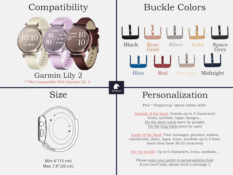 Może przedstawiać: Trzy r&oacute;żne kolory smartwatchy Garmin Lily 2 z białym, r&oacute;żowym i brązowym paskiem. Zegarki mają okrągłą tarczę z czarnym tłem i białymi cyframi. Obraz pokazuje r&oacute;wnież r&oacute;żne kolory klamer do paska zegarka, w tym czarny, r&oacute;żowe złoto, srebro, złoto, kosmiczny szary, niebieski, czerwony, starlight i midnight. Obraz pokazuje r&oacute;wnież rozmiar paska zegarka, kt&oacute;ry wynosi od 15 cm do 20 cm. Obraz zawiera r&oacute;wnież informacje o opcjach personalizacji paska zegarka, w tym inicjały, ikony, symbole, logo, wzory, wiadomości, frazy, życzenia, wsp&oacute;łrzędne, daty i wiele innych.
