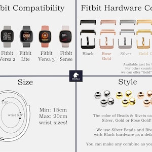 Op de afbeelding: Een grafiek die de compatibiliteit van Fitbit-horloges en de hardwarekleuropties laat zien. De afbeelding toont vijf verschillende Fitbit-horlogemodellen: Versa 1, Versa 2, Lite, Versa 3 en Sense. De afbeelding toont ook vijf verschillende hardwarekleuren: zwart, ros&eacute; goud, zilver, goud en champagne. De afbeelding toont ook de grootte van de horlogeband, die 15 cm tot 20 cm is. De afbeelding toont ook de verschillende stijlen van kralen en klinknagels die met de horlogeband kunnen worden gebruikt.