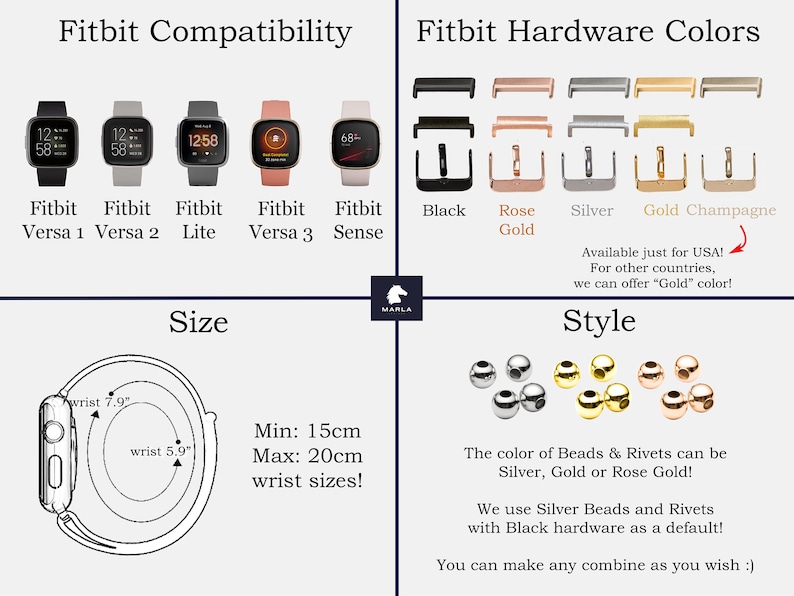 Op de afbeelding: Een grafiek die de compatibiliteit van Fitbit-horloges en de hardwarekleuropties laat zien. De afbeelding toont vijf verschillende Fitbit-horlogemodellen: Versa 1, Versa 2, Lite, Versa 3 en Sense. De afbeelding toont ook vijf verschillende hardwarekleuren: zwart, ros&eacute; goud, zilver, goud en champagne. De afbeelding toont ook de grootte van de horlogeband, die 15 cm tot 20 cm is. De afbeelding toont ook de verschillende stijlen van kralen en klinknagels die met de horlogeband kunnen worden gebruikt.
