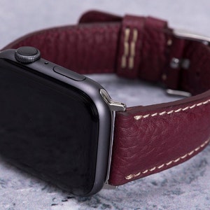 Burgundy Leather Apple Watch Band 38mm 40mm 41mm Women, Engraved Apple iWatch Strap 42mm 44mm 45mm Series 9 8 7 6 5 4 3 SE, Gift for Her