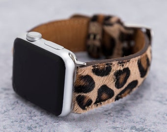 Leren Fitbit-band met luipaardprint: harige Versa/Sense-band