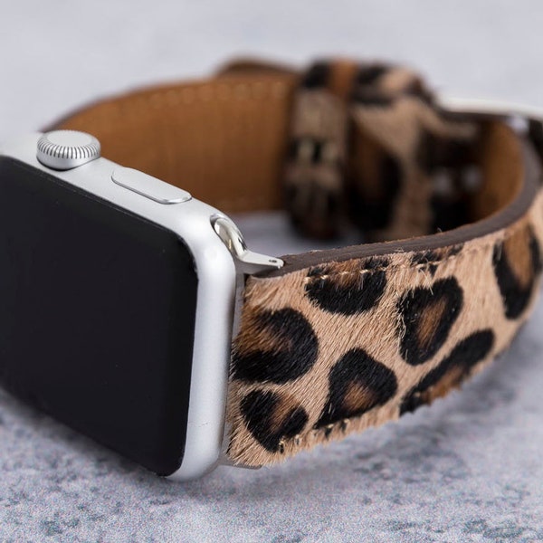 Furry Leopard Pattern Cuir Apple Watch Band 49mm 45mm 44mm 42mm 41mm 40mm 38mm Femmes, iWatch Strap Series 9 8 7 6 5 4 3 SE Band Gift