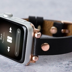 Thin Apple Watch Strap Series 9 8 7 6 5 4 3 & Apple Watch SE Band, Black Leather iWatch Band 45mm 44mm 42mm 41mm 40mm 38mm Women, Gift Her