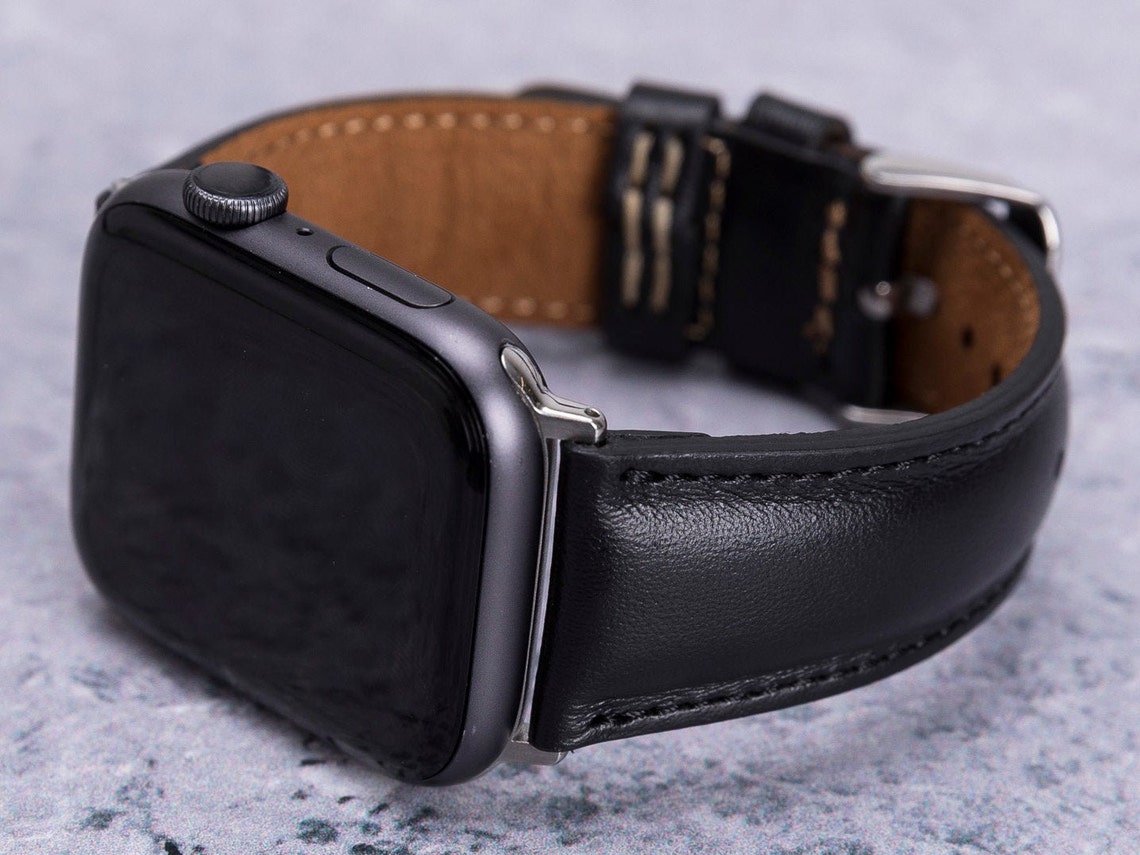 Men Leather Apple Watch Band 42mm 44mm Engraved Black Iwatch Etsy