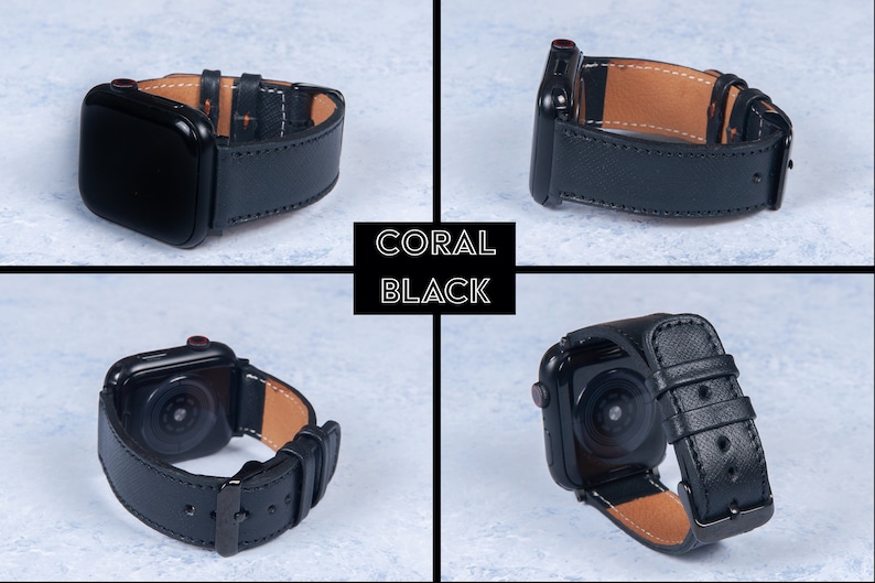 以下が含まれることがあります： 黒い Apple Watch バンド、革製のストラップ、コントラストの効いたコーラル色の内側。 バンドには黒いバックルが付いており、複数のビューで表示されます。 テキスト「CORAL BLACK」は黒いボックスに表示されます。