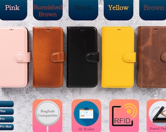 May include: Five different colored leather iPhone 14 cases with a flap and a magnetic closure. The cases are available in pink, brown, black, yellow, and brown. The cases are compatible with MagSafe and have a built-in ID wallet and RFID blocking technology. The cases also have a stand feature.