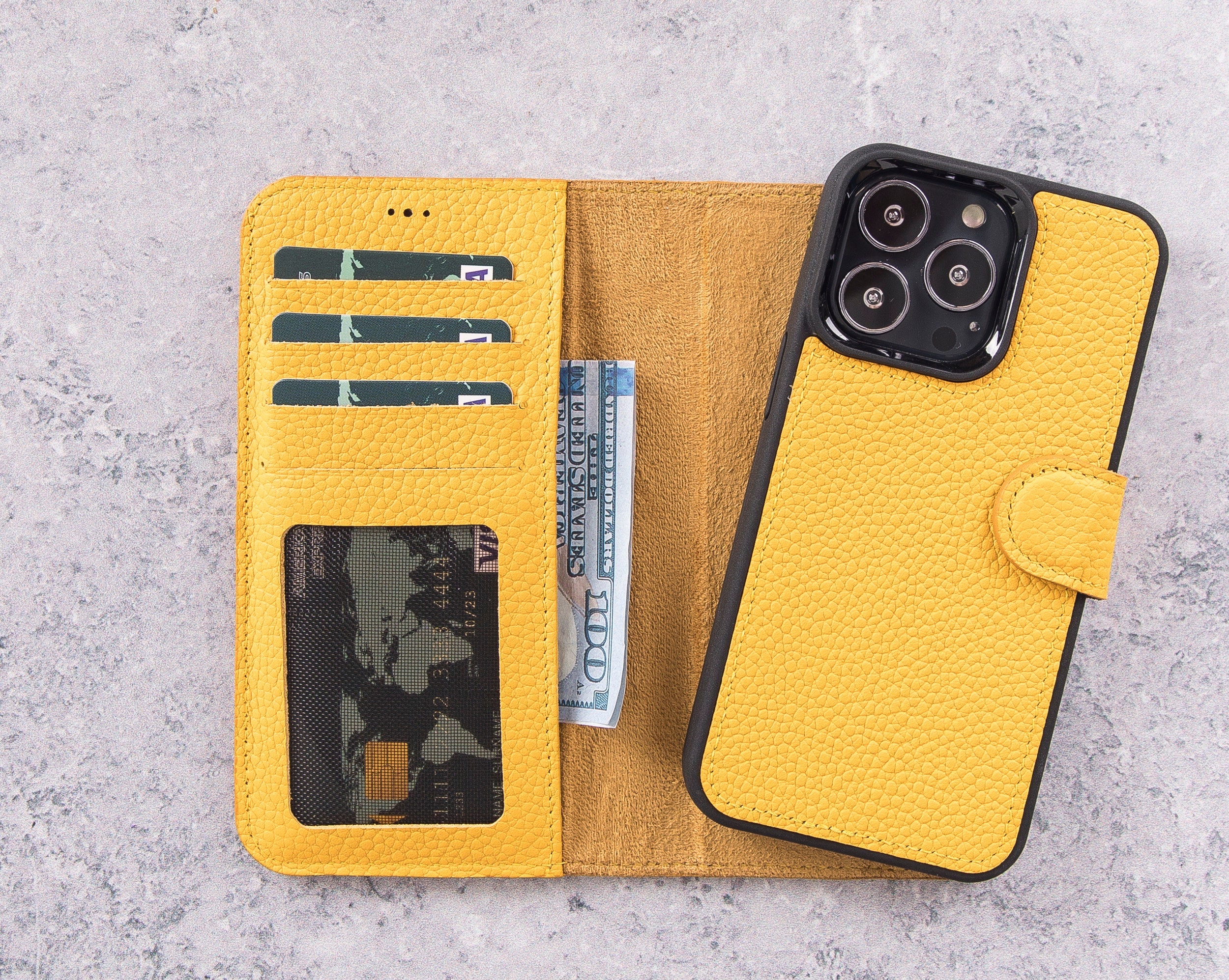 POLA iPhone 13 Mini Magnetic Detachable Leather Zipper Wallet Case with 14  Card Slots and Crossbody Strap Yellow