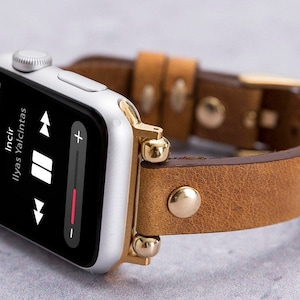 Golden Brown Leather Apple Watch Band 38mm 40mm 41mm 42mm 44mm 45mm 49mm, Thin iWatch Strap Women Series 9 8 7 6 5 4 3 2 & SE, Engraved Band