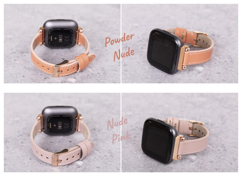 Op de afbeelding: Twee afbeeldingen die een smartwatch tonen met een zwart gezicht en een bruin leren bandje. De bovenste afbeelding toont het bandje in een lichtbruine kleur met het label "Powder Nude". De onderste afbeelding toont het bandje in een lichtroze kleur met het label "Nude Pink".